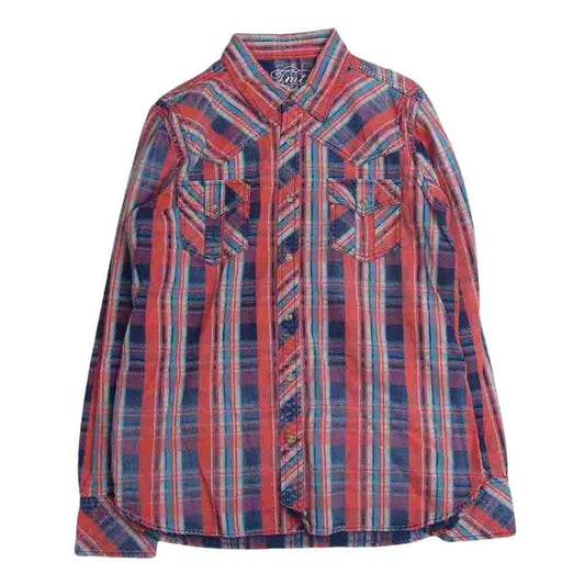TMT ティーエムティー TSH-S1605 INDIGO CHECK CASTRO SHIRT インディゴ チェック カストロ 長袖 シャツ レッド レッド系 L【中古】