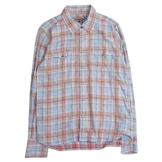 TMT ティーエムティー TSH-S1808 BLEACH CHECK SHIRTS ブリーチ加工 フランネル チェック 長袖 シャツ オレンジ ホワイト ブルー オレンジ系 L【中古】