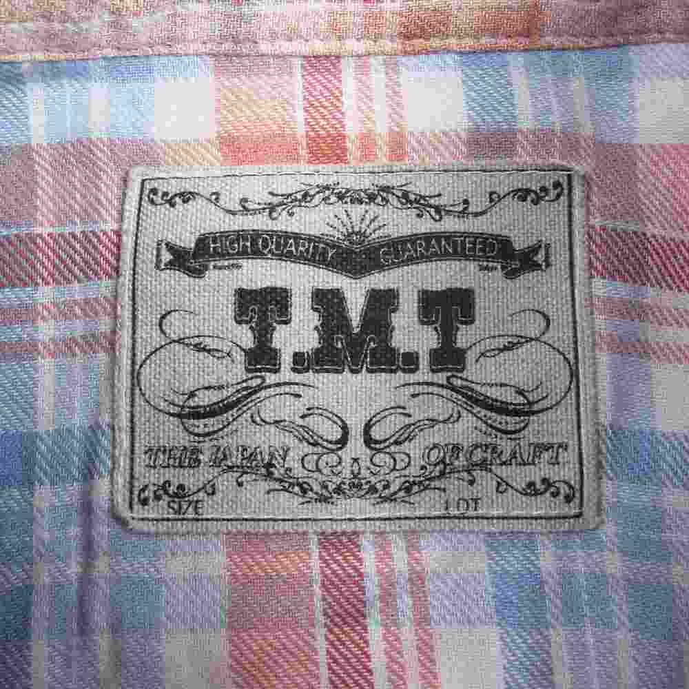 TMT ティーエムティー TSH-S1808 BLEACH CHECK SHIRTS ブリーチ加工 フランネル チェック 長袖 シャツ オレンジ ホワイト ブルー オレンジ系 L【中古】