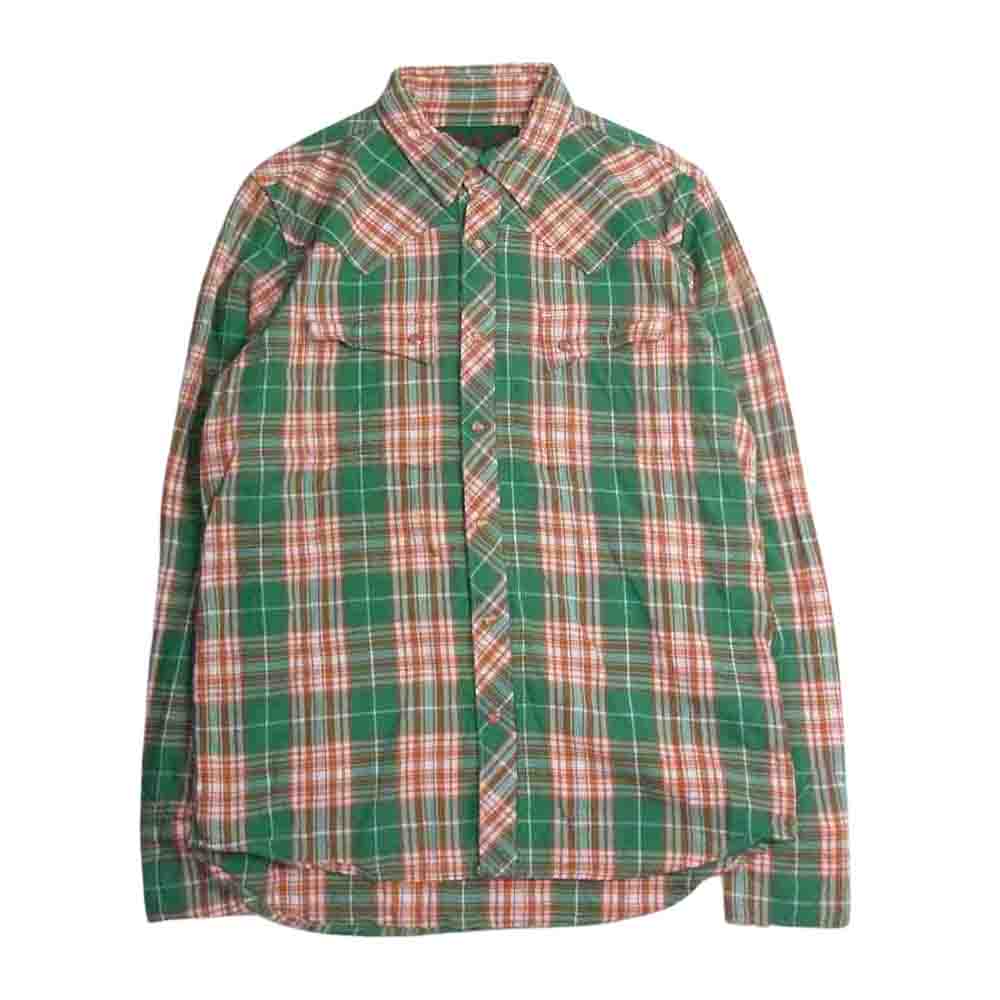 TMT ティーエムティー TSH-F16SP05 DOUBLE GAUZE CHECK WESTERN 復刻版 ダブル ガーゼ チェック ウエスタン 長袖 シャツ オレンジ グリーン  オレンジ系 L【中古】