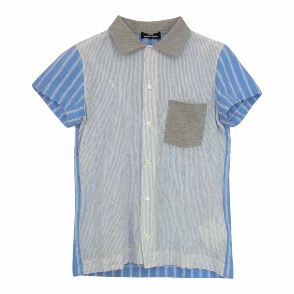 tricot COMME des GARCONS トリココムデギャルソン TQ-T040 AD2015 ストライプ 切替 半袖シャツ ライトブルー系 グレー系 S【中古】
