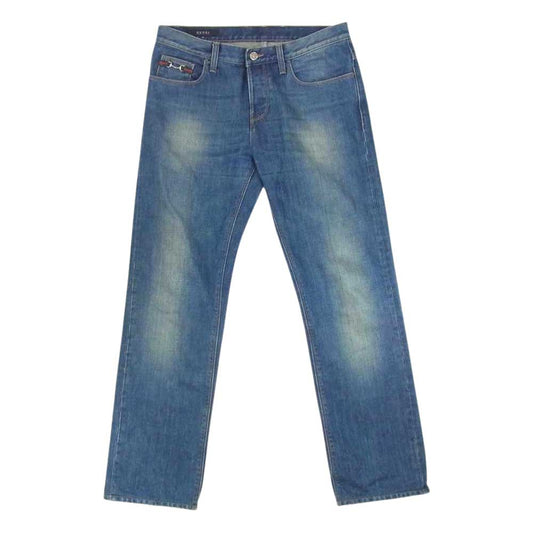 GUCCI グッチ 国内正規品 イタリア製 222126 XZ406 ヴィンテージ加工 レザーパッチ シェリーライン ストレート デニムパンツ インディゴブルー系 46【中古】
