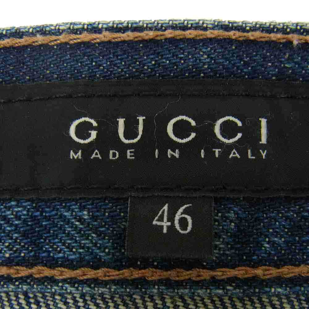 GUCCI グッチ 国内正規品 イタリア製 222126 XZ406 ヴィンテージ加工 レザーパッチ シェリーライン ストレート デニムパンツ インディゴブルー系 46【中古】
