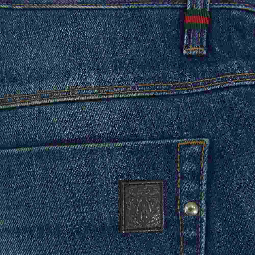GUCCI グッチ 国内正規品 イタリア製 222126 XZ406 ヴィンテージ加工 レザーパッチ シェリーライン ストレート デニムパンツ インディゴブルー系 46【中古】