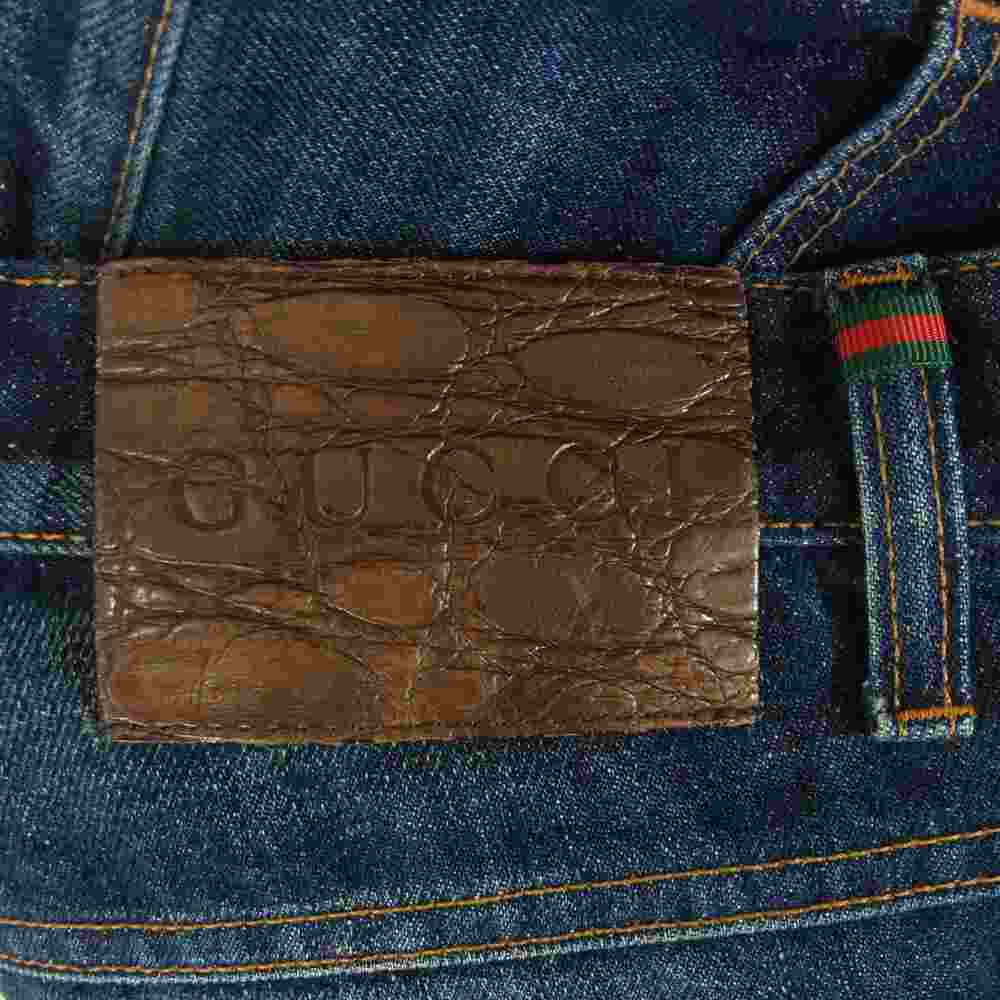 GUCCI グッチ イタリア製 269301 XZ596 ボタンフライ 型押しレザーパッチ ストレート デニムパンツ インディゴブルー系 46【中古】