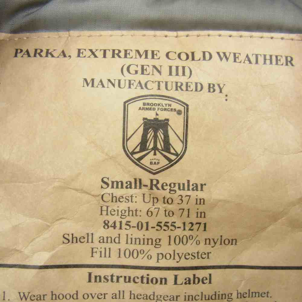 アメリカ海兵隊 8415-01-555-1271 BAF社製 E.C.W.C.S GENIII  Level 7 Prima loft Parka レベル7 JK プリマ ロフト パーカー ジャケット  グレー系 small reguler【中古】