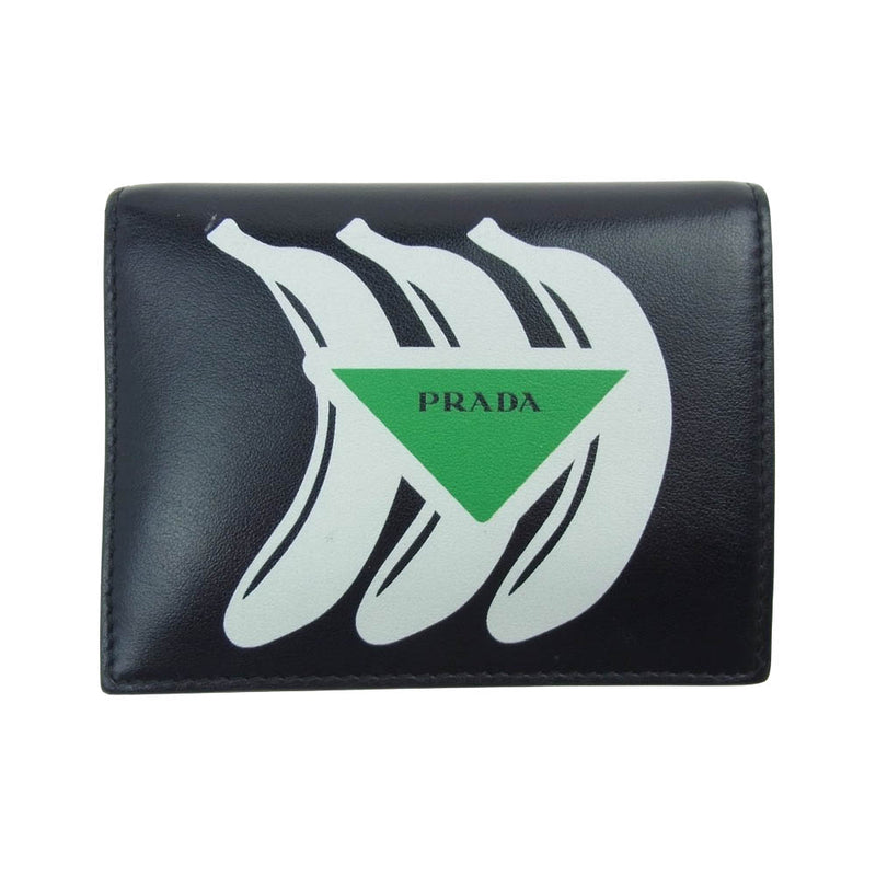 PRADA プラダ 1MV204 バナナモチーフ レザー 二つ折り 財布 ブラック系【中古】