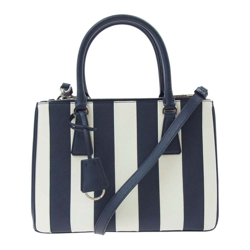 PRADA プラダ 1BA863 ガレリア サフィアーノ ストライプ 2WAY ショルダー バッグ ネイビー系 ホワイト系【中古】