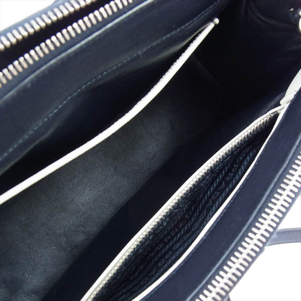 PRADA プラダ 1BA863 ガレリア サフィアーノ ストライプ 2WAY ショルダー バッグ ネイビー系 ホワイト系【中古】