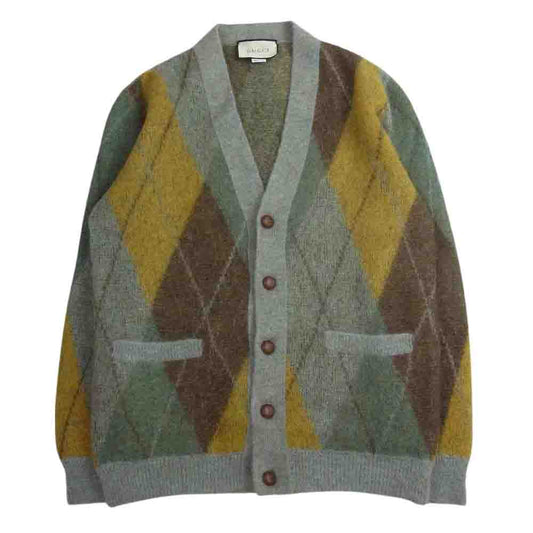 GUCCI グッチ 21AW 633827 国内正規品 Argyle Mohair Wool Cardigan アーガイル モヘヤ ウール カーディガン グリーン系 XS【美品】【中古】