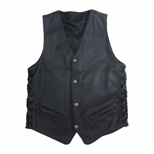 LANGLITZ LEATHERS ラングリッツレザーズ LACED VEST スナップボタン サイド レースアップ レースド レザー ジレ ベスト ブラック系【中古】