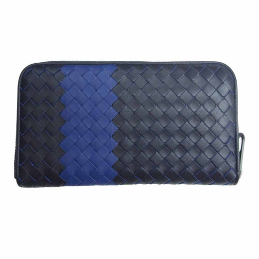 BOTTEGAVENETA ボッテガヴェネタ イントレチャート ラウンドファスナー 長財布 ネイビー系【美品】【中古】