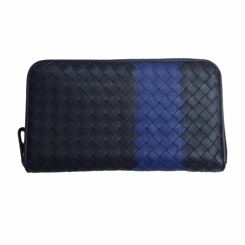 BOTTEGAVENETA ボッテガヴェネタ イントレチャート ラウンドファスナー 長財布 ネイビー系【美品】【中古】