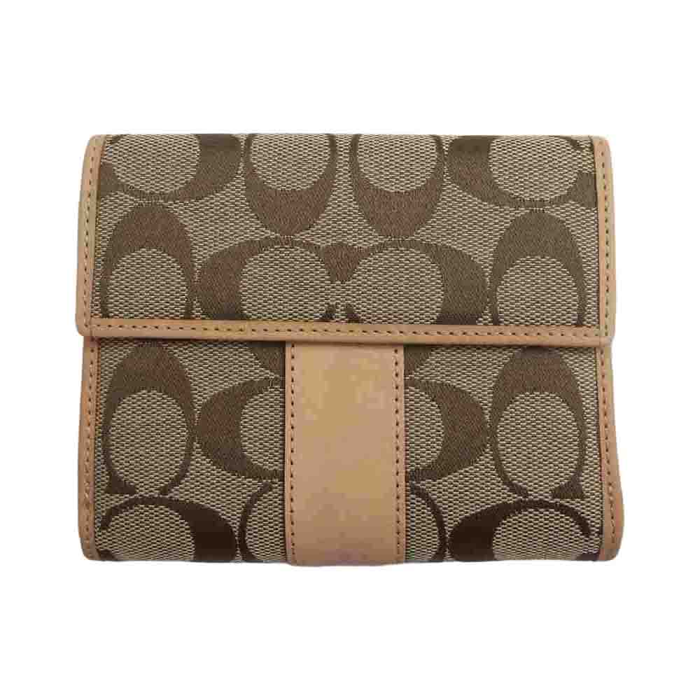 COACH コーチ シグネチャー ロゴ 総柄 レザー 三つ折り 財布 ウォレット ベージュ系【中古】
