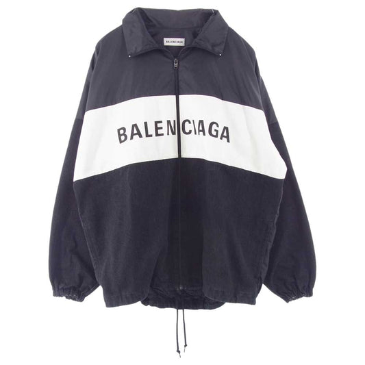 BALENCIAGA バレンシアガ 18AW 529213 TBQ03 国内正規品 ロゴプリント デニム切替 ポプリンシャツ トラックジャケット ブラック系 ホワイト系 34【中古】