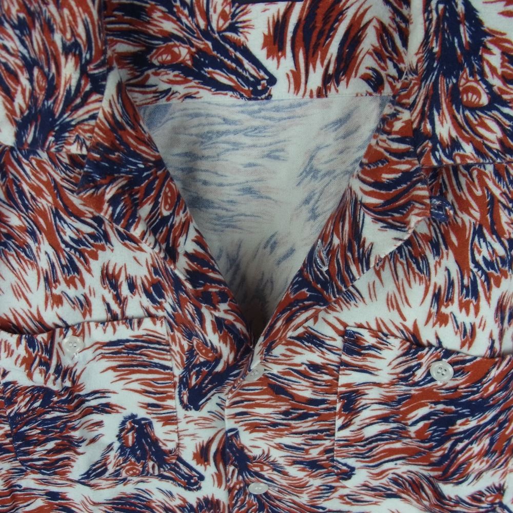 TENDERLOIN テンダーロイン T-PRINT FLANNEL SHT WOLF ウルフ柄 フランネル 長袖 シャツ レッド系 ブルー系 ホワイト系 XS【中古】