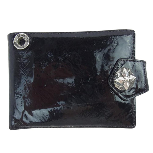 BILL WALL LEATHER ビルウォールレザー クロスコンチョ パテントレザー 二つ折り財布 ウォレット ブラック系【中古】