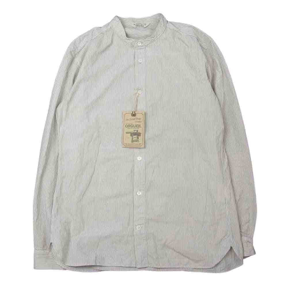 ORGUEIL オルゲイユ OR-5067A Stripe Band Collar Shirt ストライプ バンド カラー 長袖 シャツ オフホワイト系 ネイビー系 38【美品】【中古】