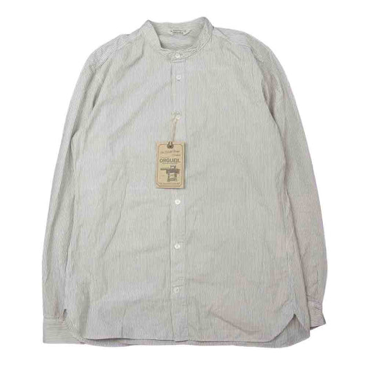 ORGUEIL オルゲイユ OR-5067A Stripe Band Collar Shirt ストライプ バンド カラー 長袖 シャツ オフホワイト系 ネイビー系 38【美品】【中古】
