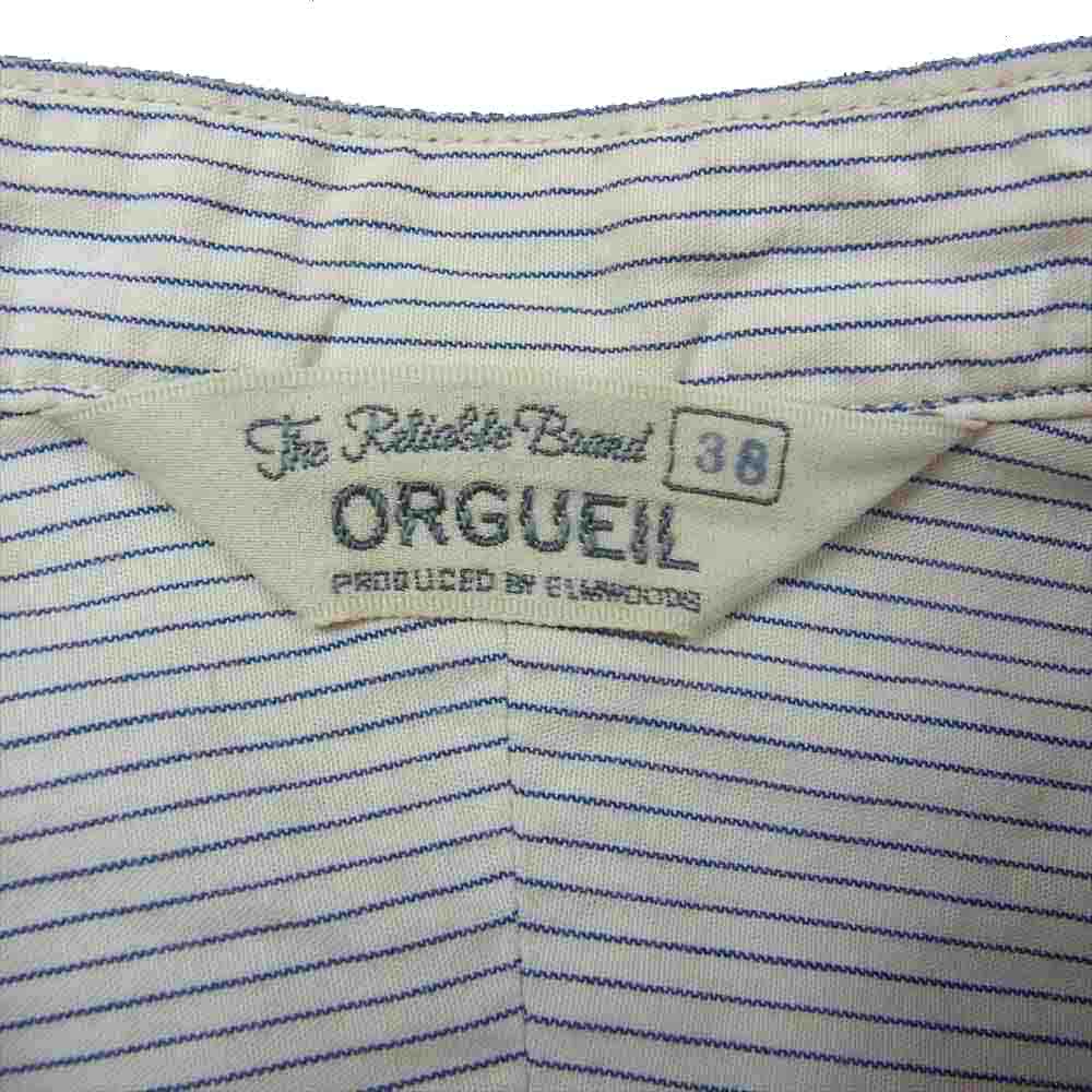 ORGUEIL オルゲイユ OR-5067A Stripe Band Collar Shirt ストライプ バンド カラー 長袖 シャツ オフホワイト系 ネイビー系 38【美品】【中古】