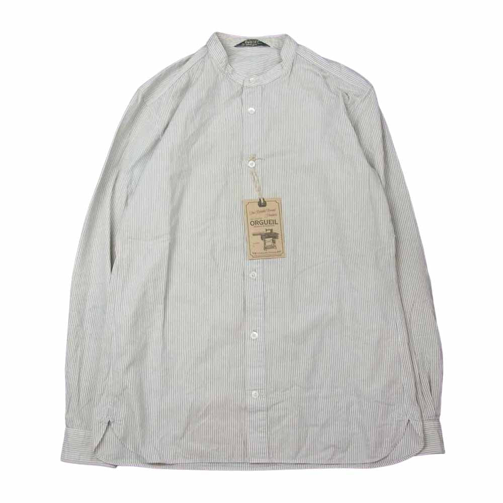 ORGUEIL オルゲイユ OR-5067A Stripe Band Collar Shirt ストライプ バンド カラー 長袖 シャツ オフホワイト系 ネイビー系 38【美品】【中古】