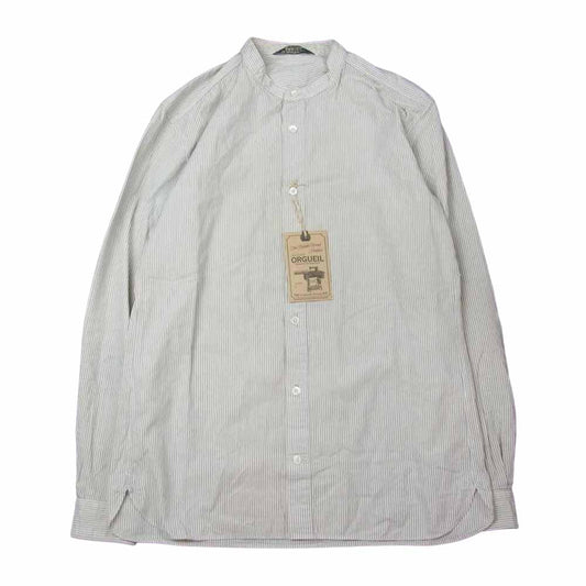 ORGUEIL オルゲイユ OR-5067A Stripe Band Collar Shirt ストライプ バンド カラー 長袖 シャツ オフホワイト系 ネイビー系 38【美品】【中古】