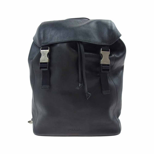 PRADA プラダ フラップ 巾着 レザー リュック ブラック系【中古】