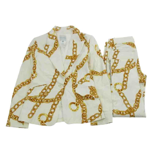 CELINE セリーヌ ヴィンテージ オールド マカダム チェーン テーラードジャケット 裾ジップ パンツ セットアップ オフホワイト系 ゴールド系 36/38【中古】