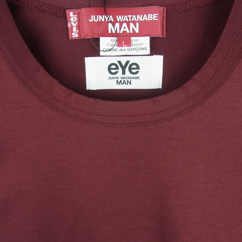 JUNYA WATANABE COMME des GARCONS MAN ジュンヤワタナベコムデギャルソンマン WJ-T904 Levi's リーバイス 22AW タグ付き 綿天竺 Wネーム ロゴプリント 半袖 Tシャツ エンジ系 L【新古品】【未使用】【中古】