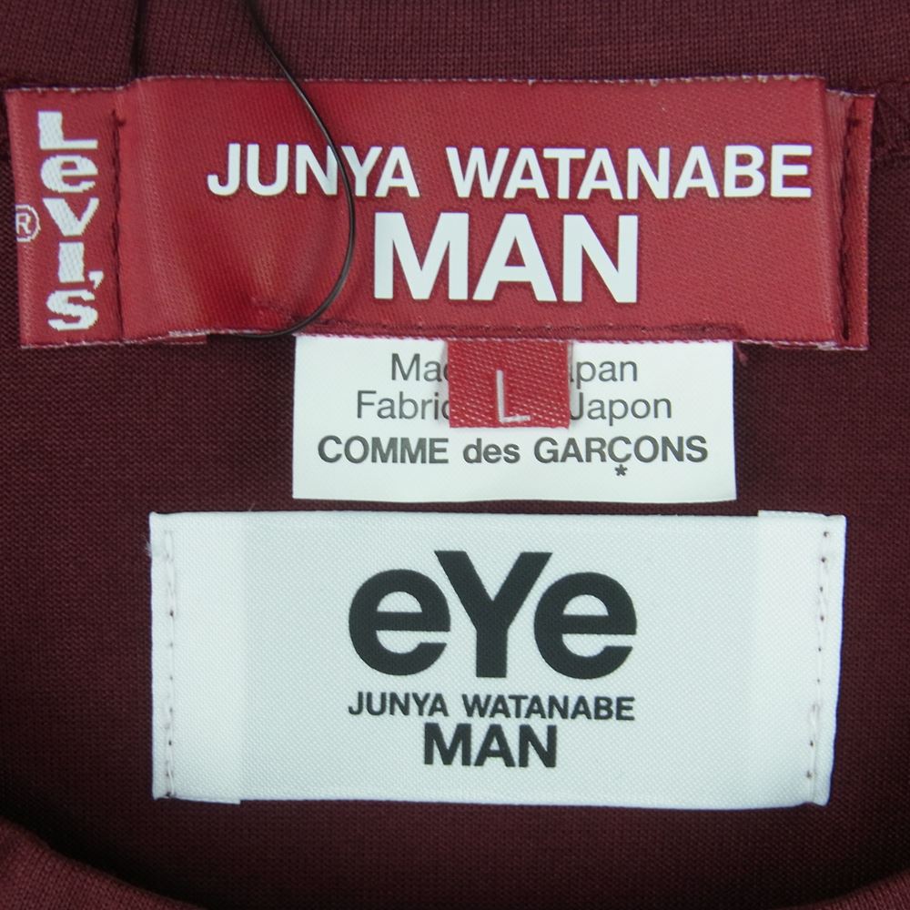 JUNYA WATANABE COMME des GARCONS MAN ジュンヤワタナベコムデギャルソンマン WJ-T904 Levi's リーバイス 22AW タグ付き 綿天竺 Wネーム ロゴプリント 半袖 Tシャツ エンジ系 L【新古品】【未使用】【中古】
