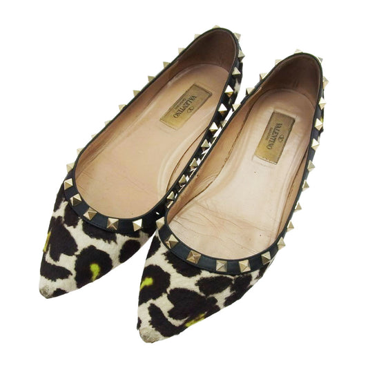 VALENTINO ヴァレンティノ GWS00403 GARAVANI ガラヴァーニ ハラコ スタッズ バレエ フラットパンプス シューズ ブラウン系 37【中古】