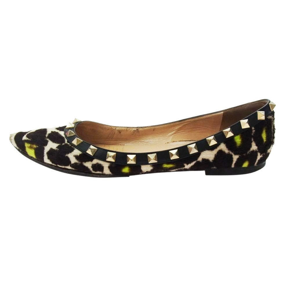 VALENTINO ヴァレンティノ GWS00403 GARAVANI ガラヴァーニ ハラコ スタッズ バレエ フラットパンプス シューズ ブラウン系 37【中古】