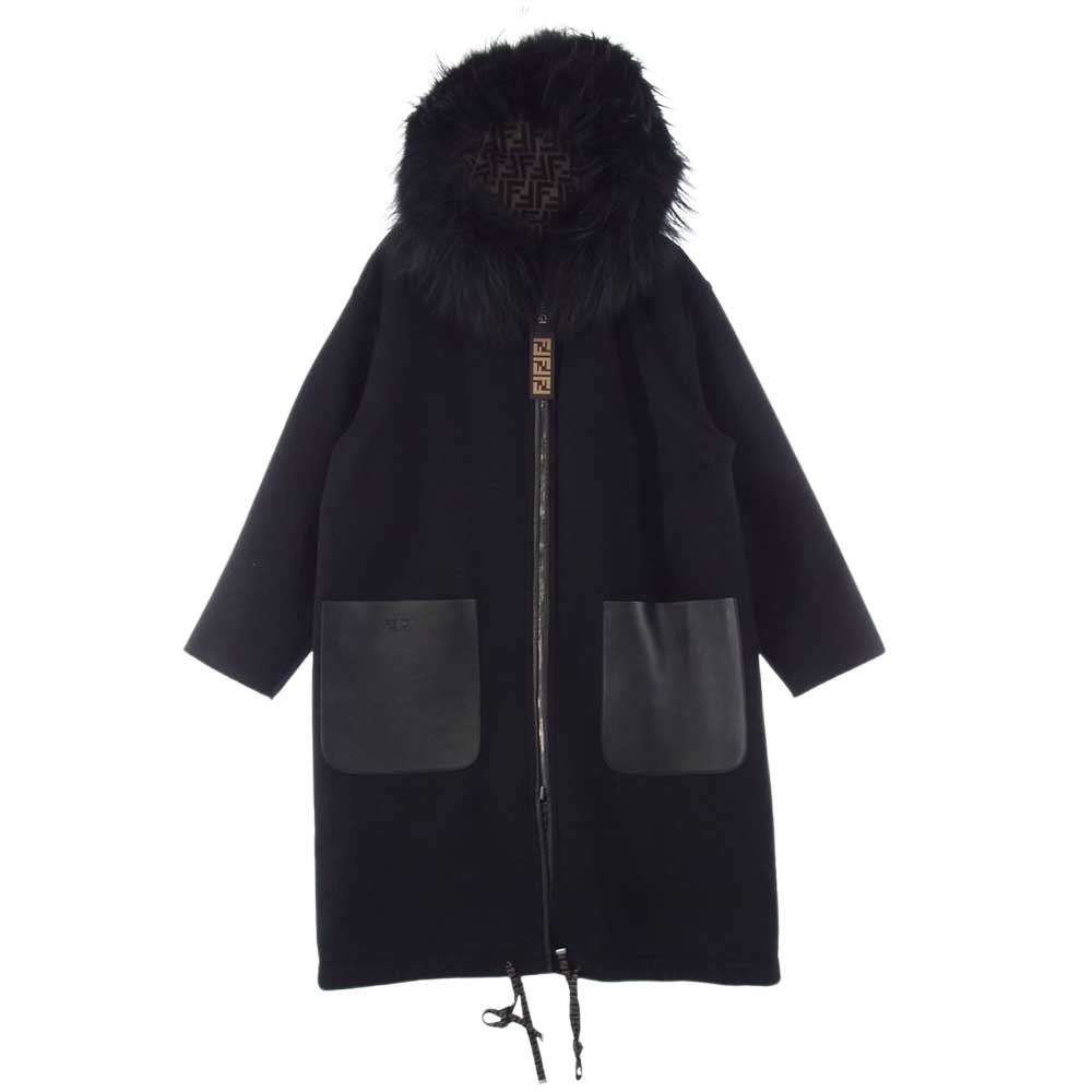 FENDI フェンディ 20AW FF8581 FF柄 ズッカ柄 シルク混ウール ファー リバーシブル ロングコート ブラック系 42【中古】