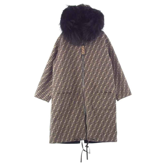 FENDI フェンディ 20AW FF8581 FF柄 ズッカ柄 シルク混ウール ファー リバーシブル ロングコート ブラック系 42【中古】