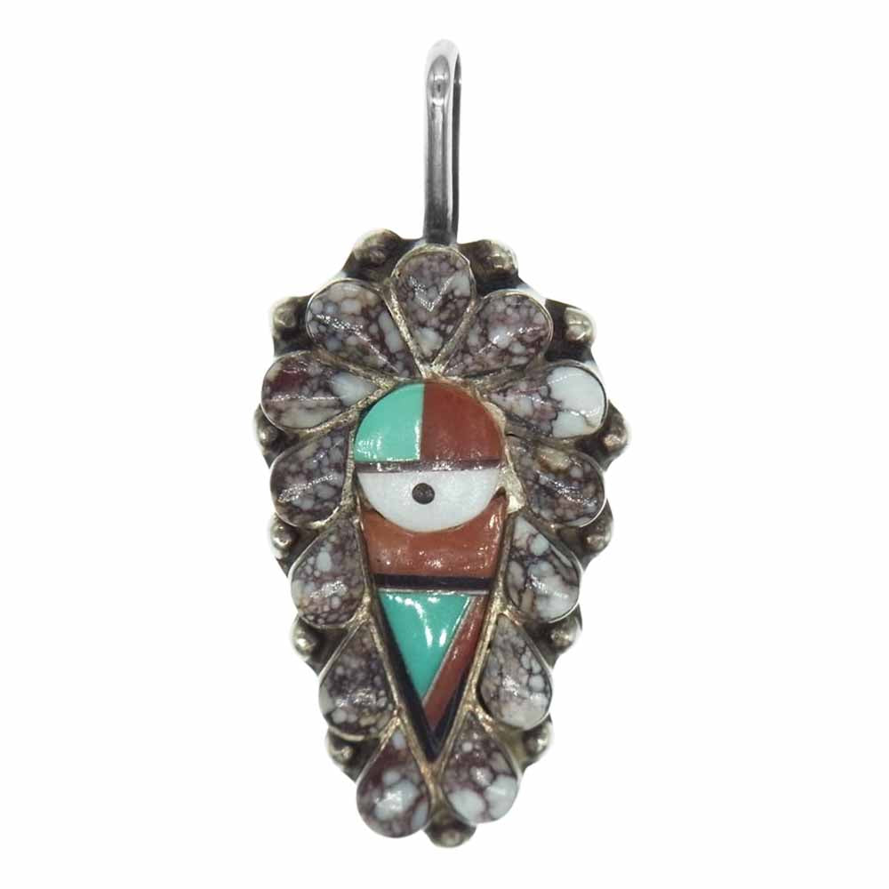 ズニ族 Stanford + Geraldine Gchachu作 multi inray top ホワイトバッファローターコイズ ペンダントトップ インディアンジュエリー マルチカラー系【中古】