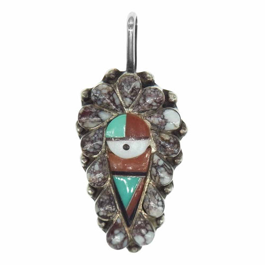 ズニ族 Stanford + Geraldine Gchachu作 multi inray top ホワイトバッファローターコイズ ペンダントトップ インディアンジュエリー マルチカラー系【中古】