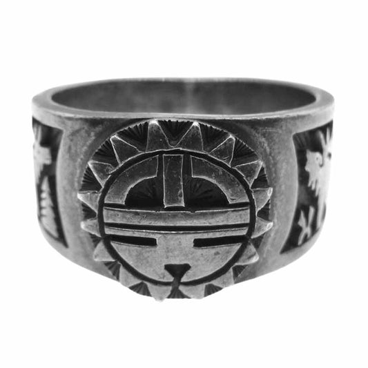 ホピ 作者不明 サンフェイス オーバーレイ リング インディアンジュエリー シルバー系 22号【中古】