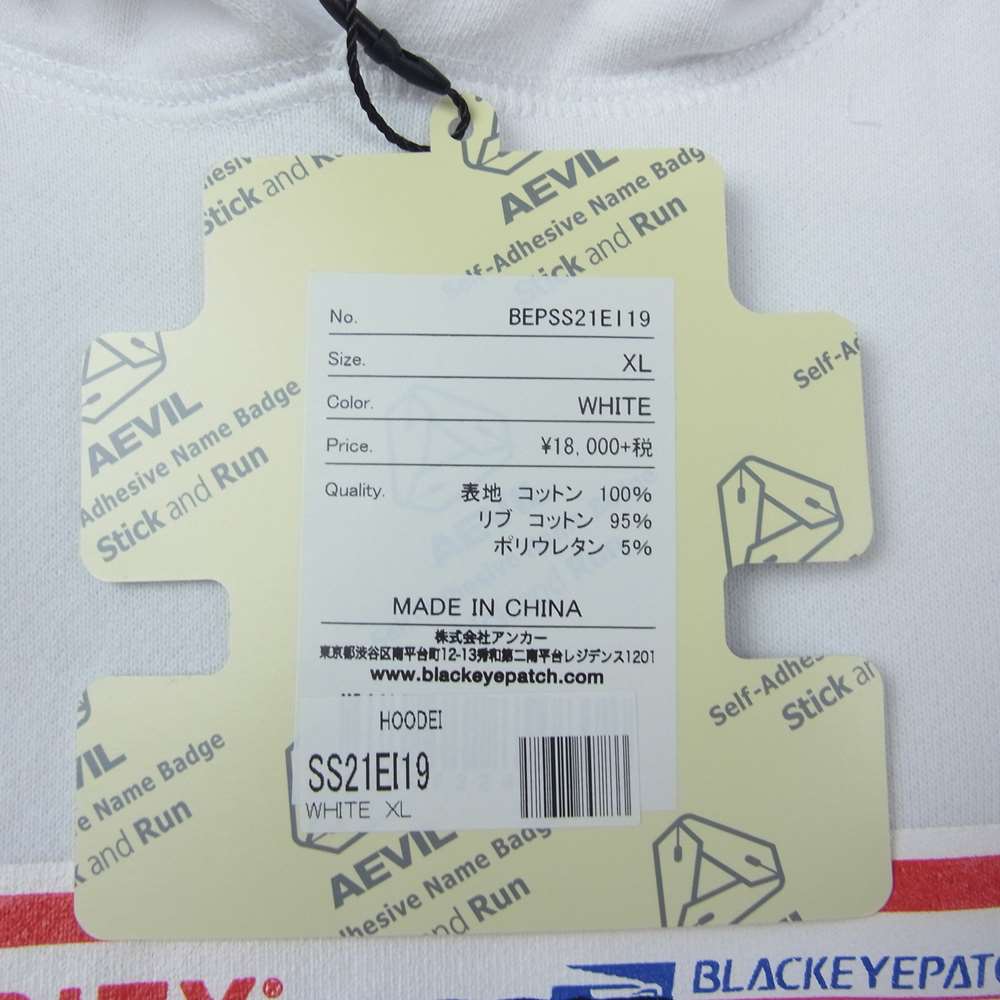 ブラックアイパッチ 21SS BEPSS21EI 119 ×wasted youth ウェイステッドユース Label Hoodie ラベル フーディ パーカー ホワイト系 XL【新古品】【未使用】【中古】