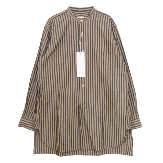 COMOLI コモリ 16AW J03-02002 ロンドンストライプ バンドカラー 長袖 シャツ ブラウン系 1【新古品】【未使用】【中古】