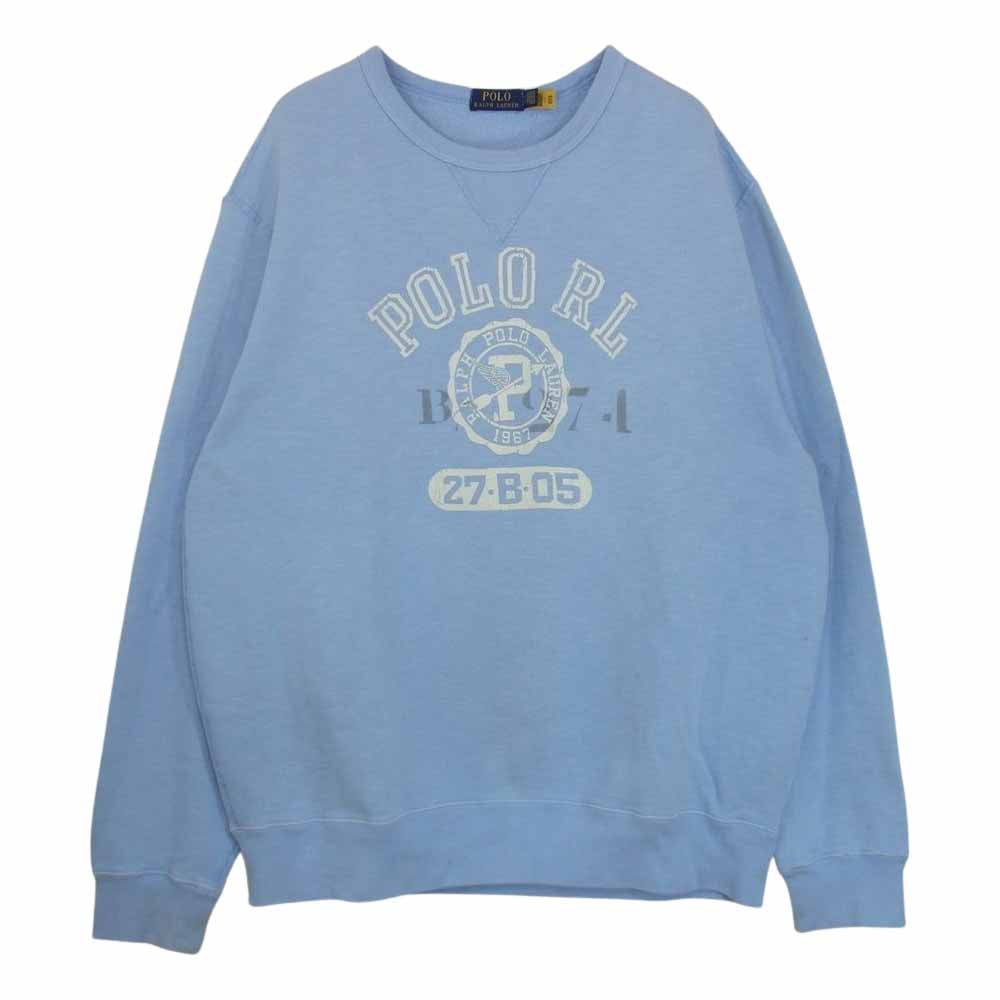 POLO RALPH LAUREN ポロ・ラルフローレン 前V カレッジロゴ クルーネックリブ スウェット トレーナー ライトブルー系 LG【中古】