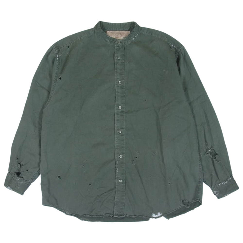 リザレクション Vintage damage shirt ヴィンテージ リメイク バンドカラー 長袖 シャツ カーキ系【中古】