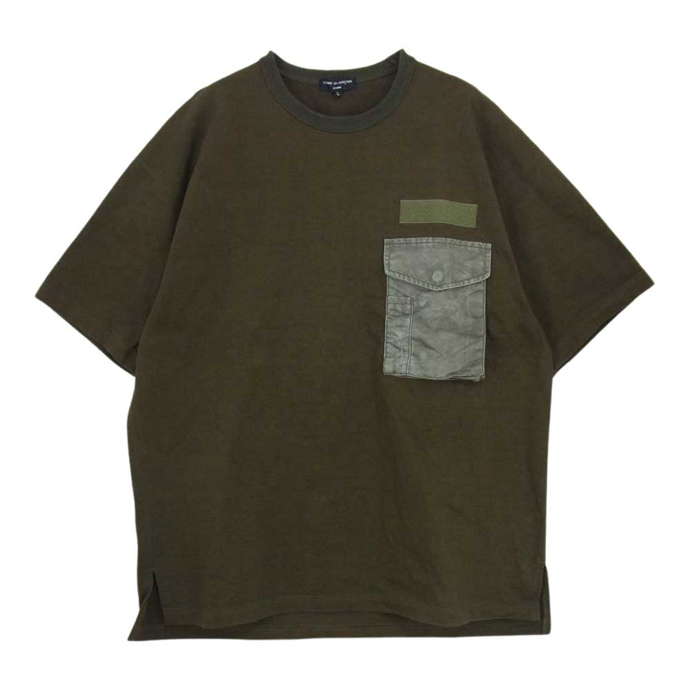 COMME des GARCONS HOMME コムデギャルソンオム 22AW HJ-T011 製品加工 ポケット付き クルーネック 半袖 Tシャツ モスグリーン系 L【中古】