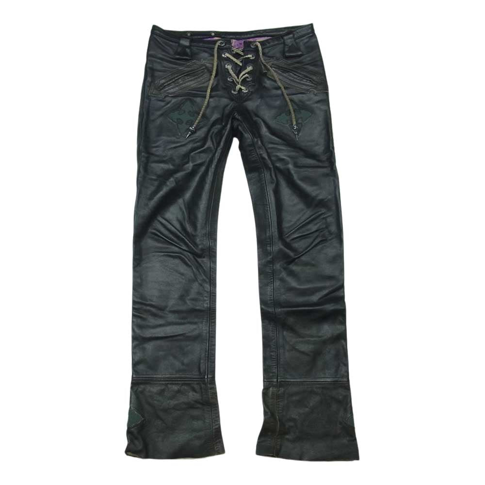 SKKIN スキン スティングレイ クロスインレイ 925コブラチップコード クロスリベット 裏地チャイニーズ柄 レースアップ レザー パンツ ブラック系 M【中古】