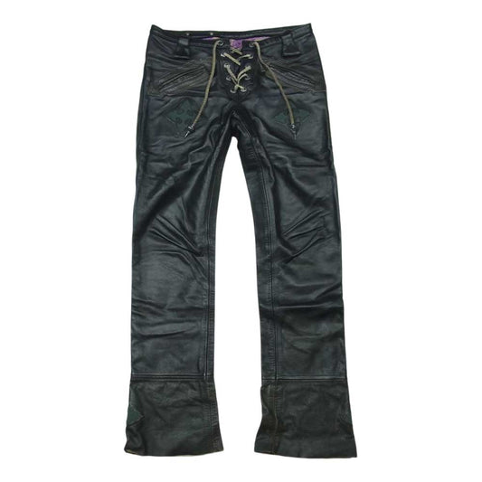 SKKIN スキン スティングレイ クロスインレイ 925コブラチップコード クロスリベット 裏地チャイニーズ柄 レースアップ レザー パンツ ブラック系 M【中古】