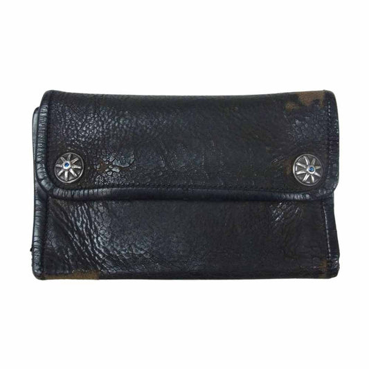 BILL WALL LEATHER ビルウォールレザー ストーン付きコンチョスナップ クロスインレイ ウォレット ブラック系【中古】