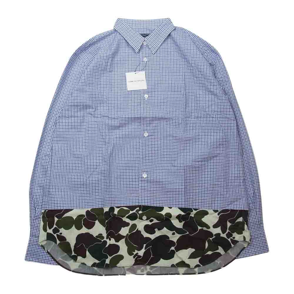 COMME des GARCONS HOMME HOMME コムデギャルソンオムオム 22SS HI-B002 ギンガムチェック 迷彩 カモ 切替 長袖 シャツ ブルー系 L【新古品】【未使用】【中古】