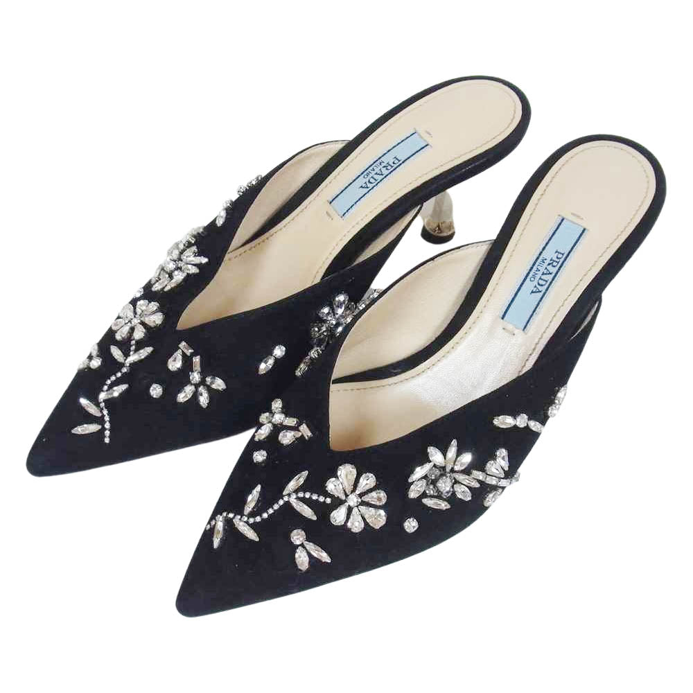 PRADA プラダ フラワー クリスタル ブラック系 ベージュ系 34 1/2【中古】