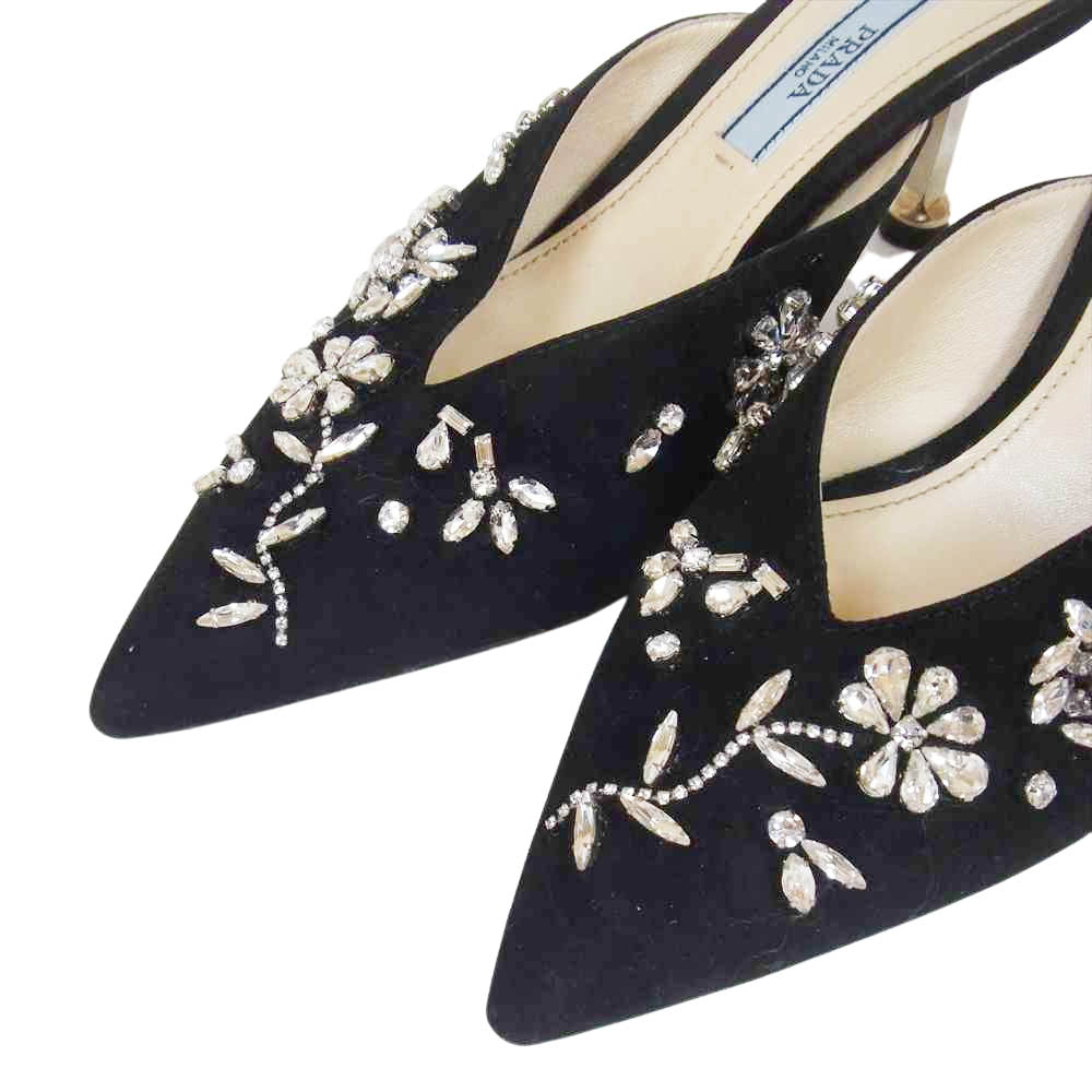 PRADA プラダ フラワー クリスタル ブラック系 ベージュ系 34 1/2【中古】