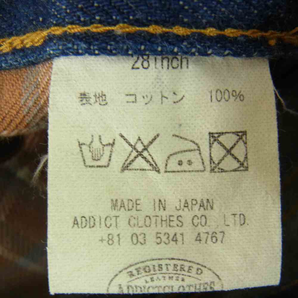 ADDICT CLOTHES アディクトクローズ ポケットチェック布 ボタンフライ ヴィンテージ加工 紫タブ デニム パンツ インディゴブルー系 28【中古】