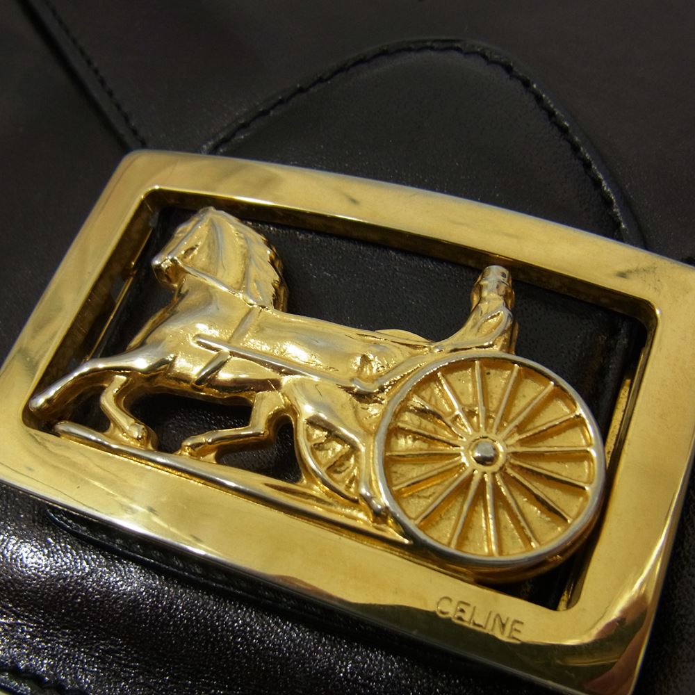 CELINE セリーヌ オールド 馬車金具 ホースキャリッジ レザー ショルダー バッグ ブラック系【中古】